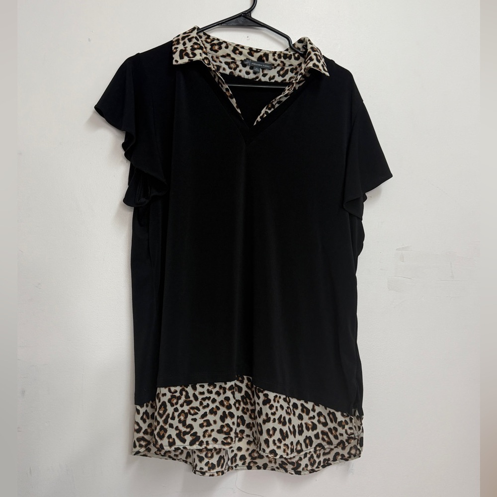 Adrianna Papell aNimal print chiffon top short sleeve leopard black blouse